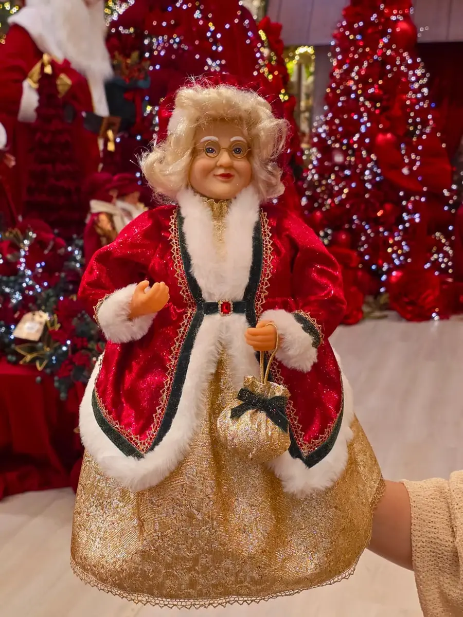 Mamãe Noel em Pé Clássica Vermelha, Verde e Dourada 40 cm